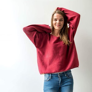 Red Merino Pullover for Women, Knitted Jersey with Boat Neck and Baggy Sleeves, Oversized Red Sweater
