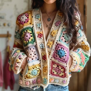 Handmade Cotton Mixed Cardigan, Patchwork Cardigan, Granny Square Cardigan, Pastel Cardigan, Crochet Jacket, Knitted Cardigan