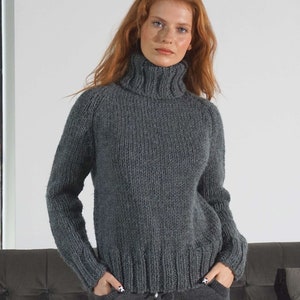 Wool Sweater Dark Gray High Neck Warm Chunky Knit Pullover Womens Cozy Winter Jumper Merino Wool Handmade Turtleneck Knitwear Thick Sweater