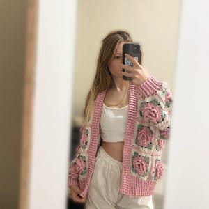 Handmade Crochet Cardigan: Chunky Pink Rose Floral Knit