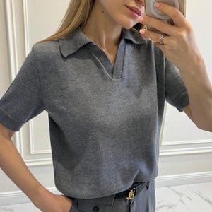 Handknit Merino Wool Polo Shirt: Soft V-Neck Knit Top