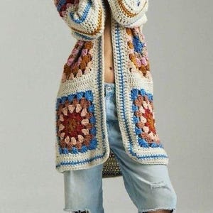 Handmade Crochet Granny Square Cardigan: Long Patchwork Cotton Sweater