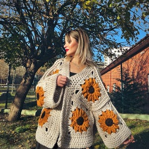 Handmade Chunky Knit Sunflower Cardigan: Wool Granny Square Jacket