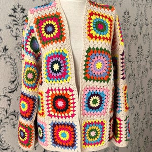 Handmade Crochet Cardigan,Colorful Granny Square Boho Jacket, Vintage Patchwork Sweater, Festival Hippie Knitwear,Handmade Gift,MotherDay