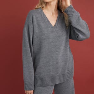 Merino Wool V-Neck Sweater: Oversized Knit Gray Pullover