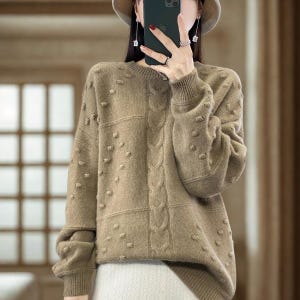 Merino Wool O-Neck Sweater: Knit Loose Long Sleeve Pullover