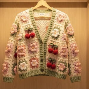 Crochet Cherry Blossom Cardigan Crochet Blossom Cardigan, Colorful 3D flower Cardigan, Handmade Y2K Crochet Blossom Cardigan,Gift for her