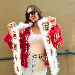Christmas Granny Square Crochet Cardigan and Scarf Set, Red Green White Fuzzy Trim Handmade Holiday Outfit, Xmas Festive Winter Gift