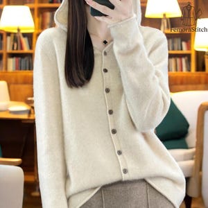 Women Merino Wool Hoodie Cardigan, Soft Knitted Button Sweater, Autumn Winter Loose Fit Coat, Cozy Warm Knitwear Top, Office Lady Retro Top