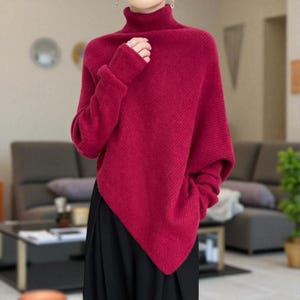 High Neck Merino Wool Jumper: Soft Batwing Sleeve Turtleneck Knitwear for Women