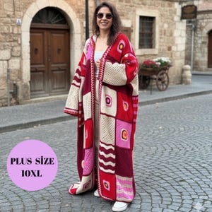 Crochet Granny Sguare Casual Long Cardigan,Oversized Patchwork Coat,Maxi Boho Coat,Red Pink Casual Jacket,Christmas Gift,Handmade Gift